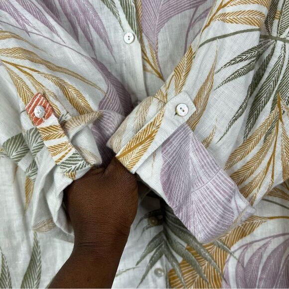 Tahari Linen Shirt Womens 1X Floral Leaves Print Long Roll Sleeve w Button Front - Picture 5 of 10